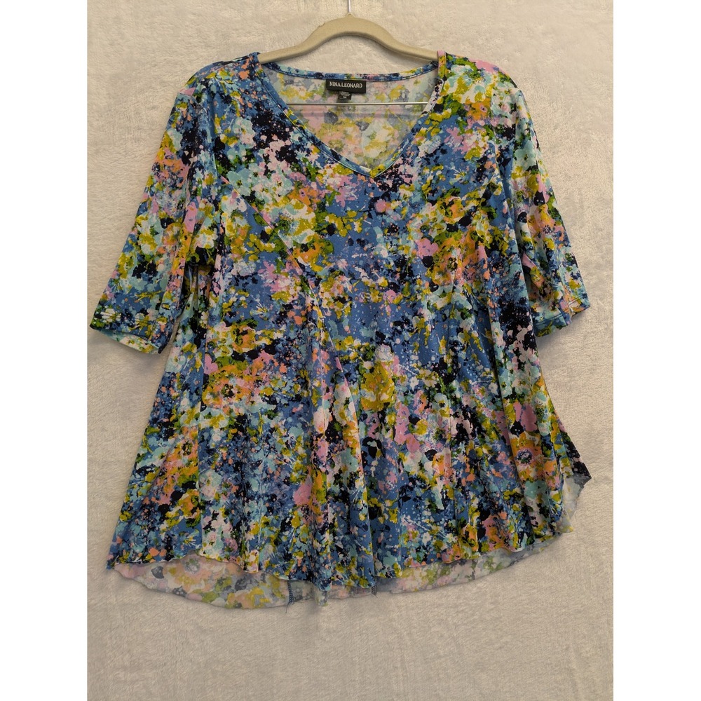 Nina Leonard Womens Floral Print V-Neck 3/4 Sleeve Tunic Top Size M